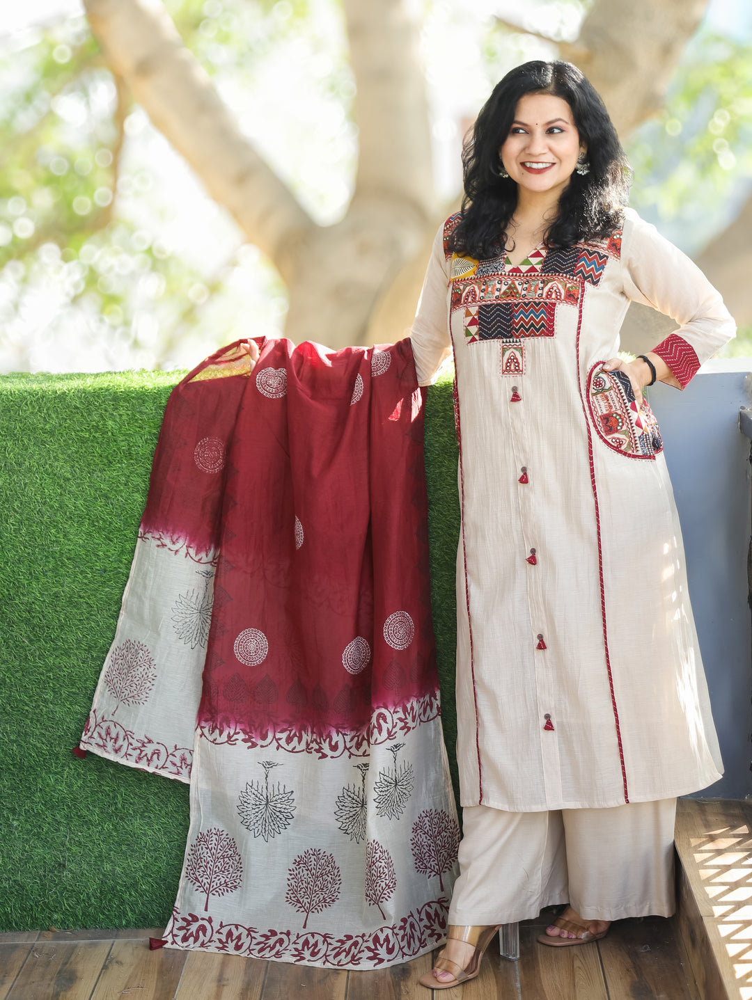 Parvati Tan Beige Embroidered V Yoke Panel Gathered Mul Chanderi 3 Piece with Pocket