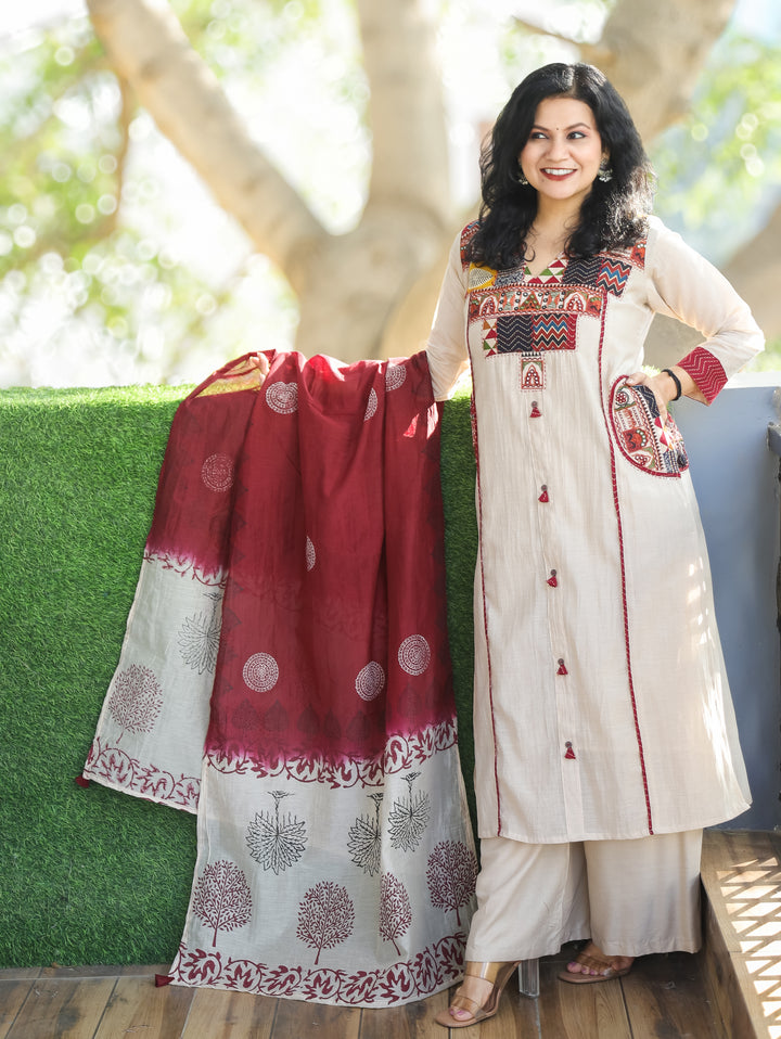 Parvati Tan Beige Embroidered V Yoke Panel Gathered Mul Chanderi 3 Piece with Pocket