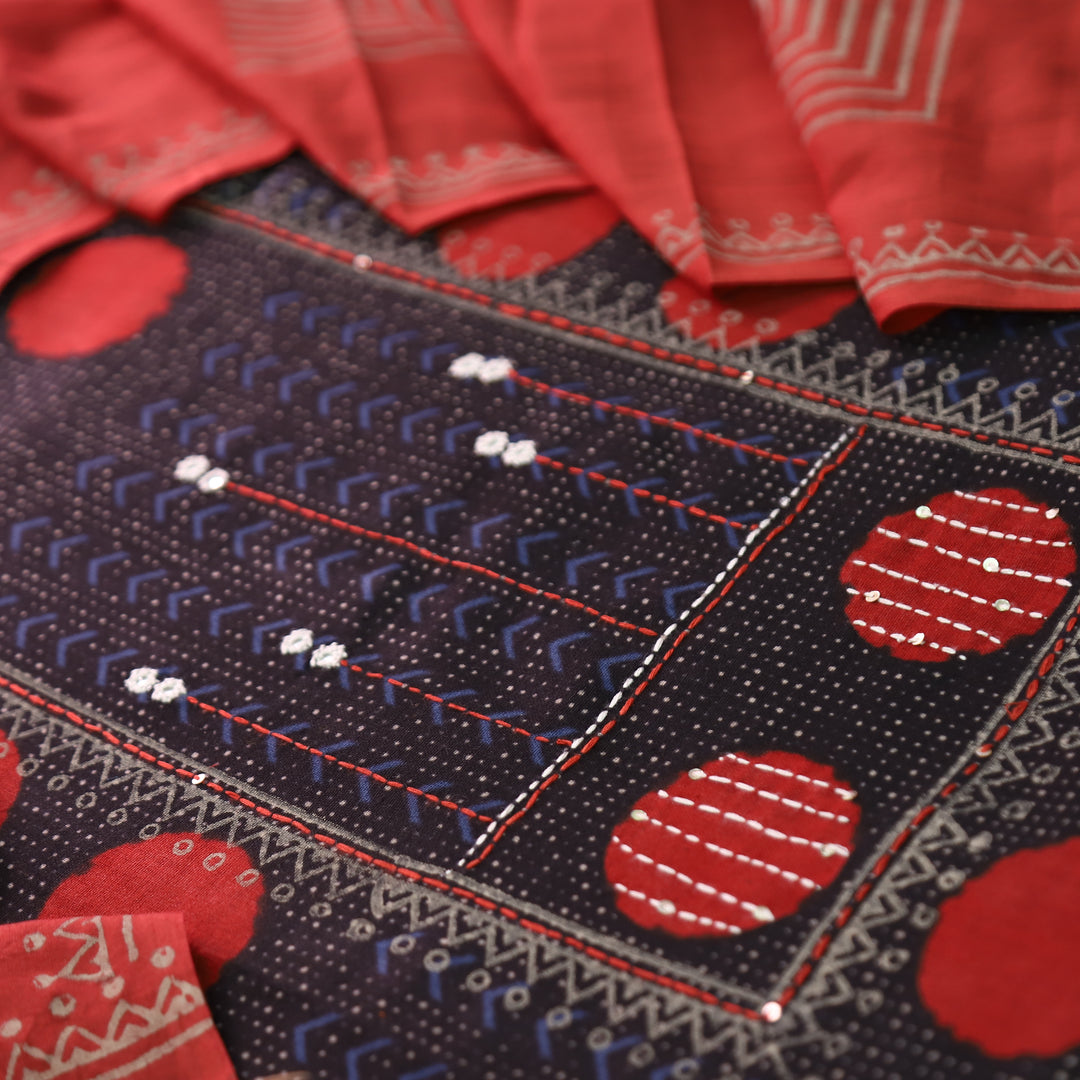 Charvi Black Polka Dot Print Yoke with Mirror Work Cotton Set