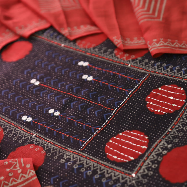 Charvi Black Polka Dot Print Yoke with Mirror Work Cotton Set