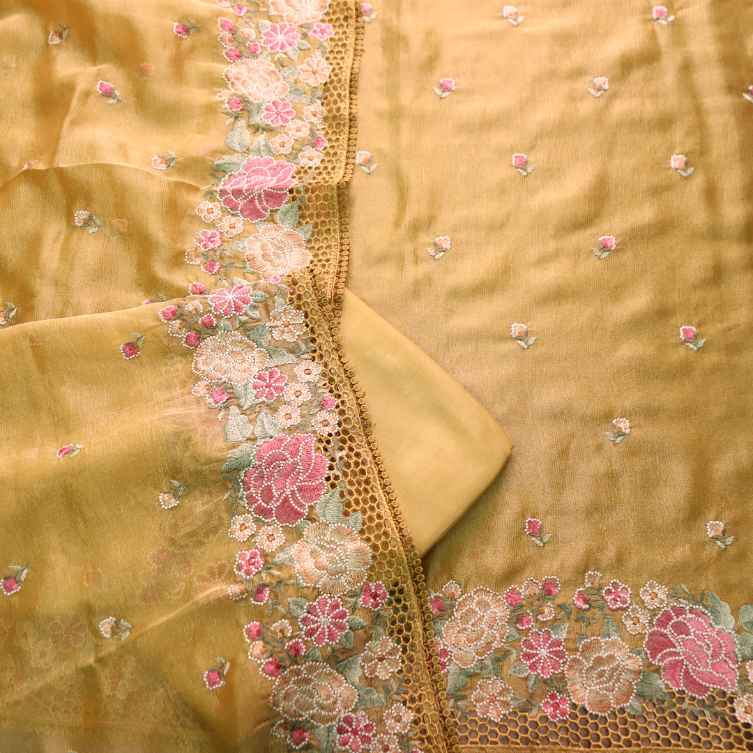 Avinya Yellow Thread Embroidered Hem Crinkle Shimmer Tissue Organza Set