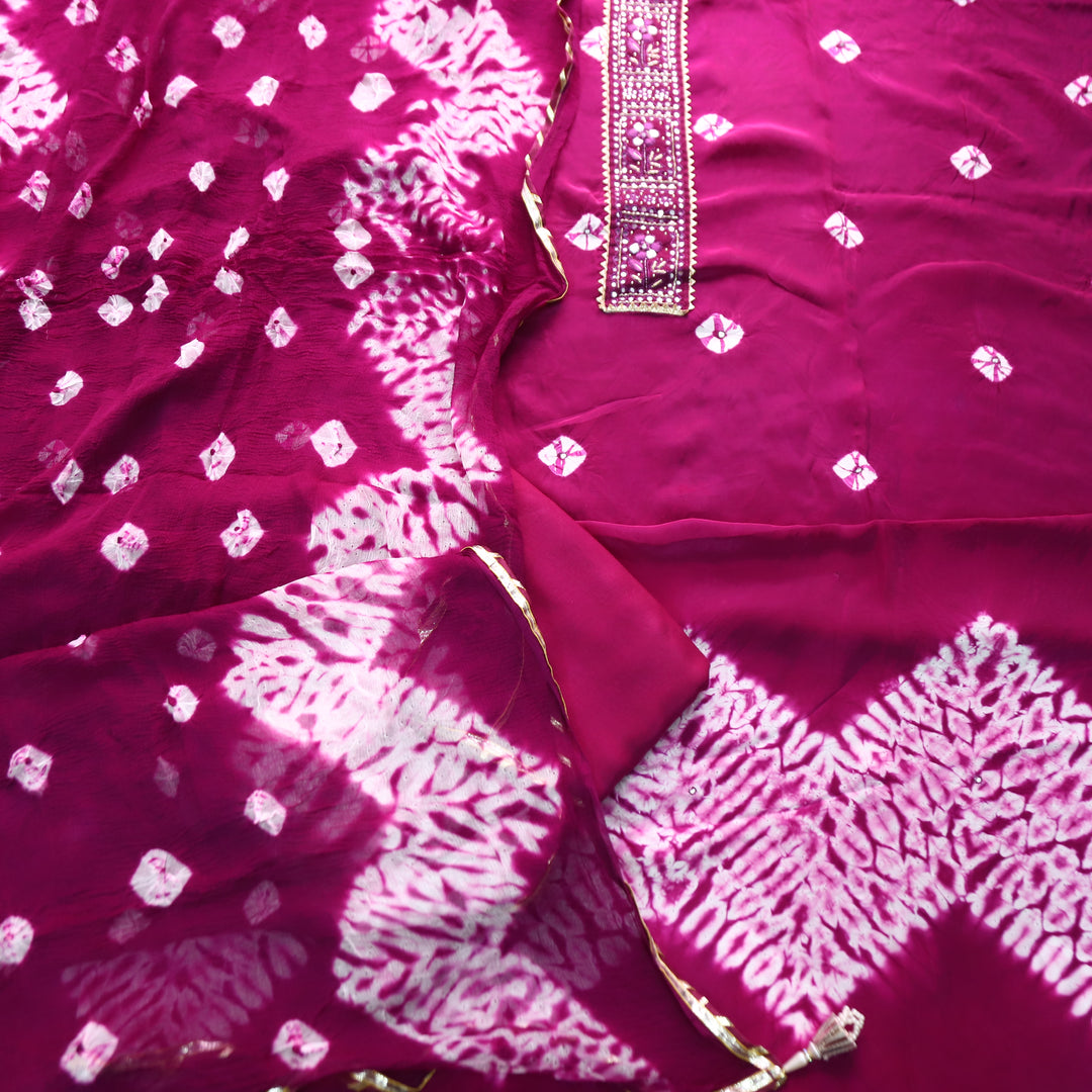 Vasudara Purple Embellished Work Bandhej and Shibori Hem Crepe Set
