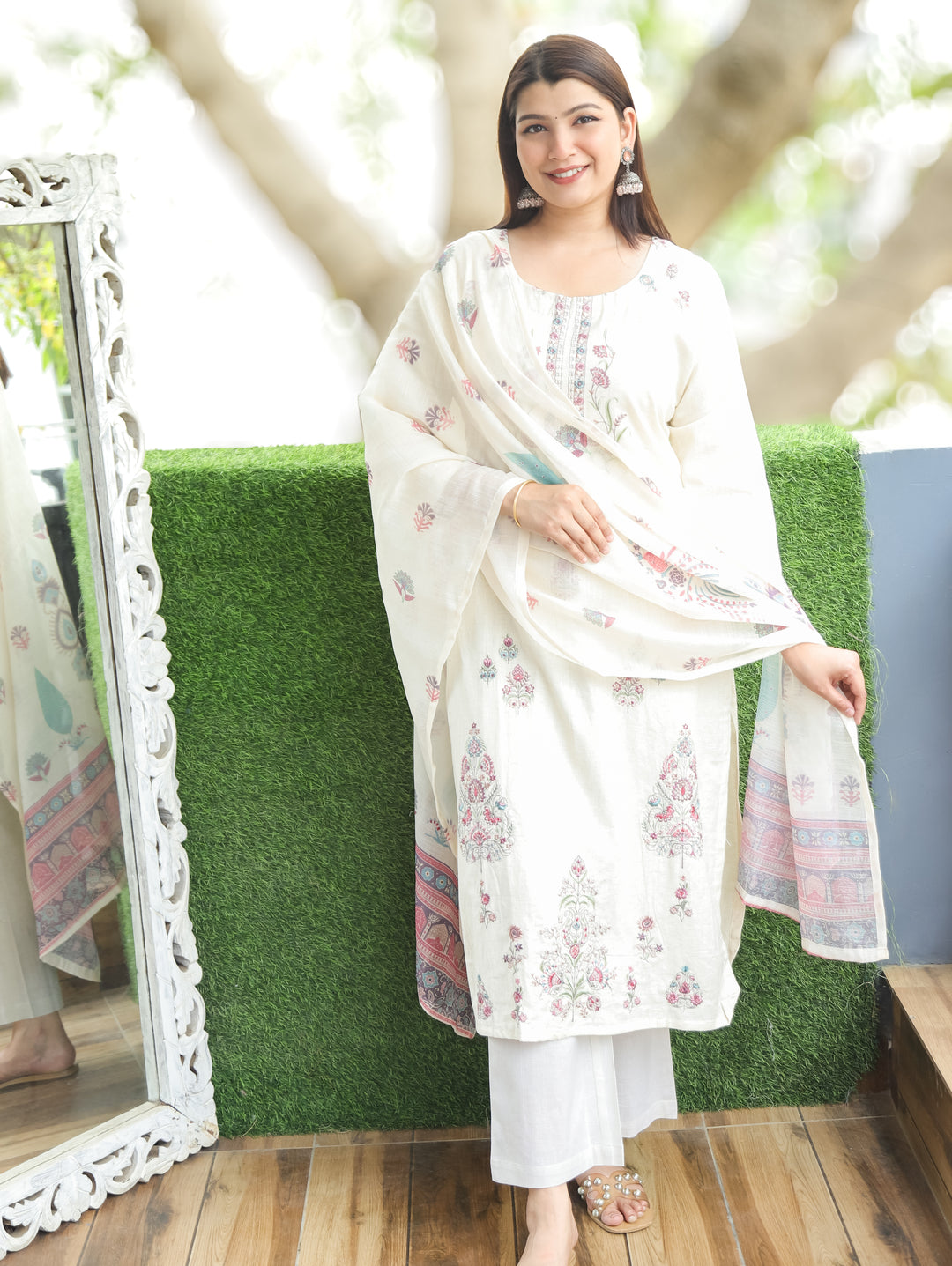 Savri Sand White Pink Embroidered Cotton 3 Piece Set D1