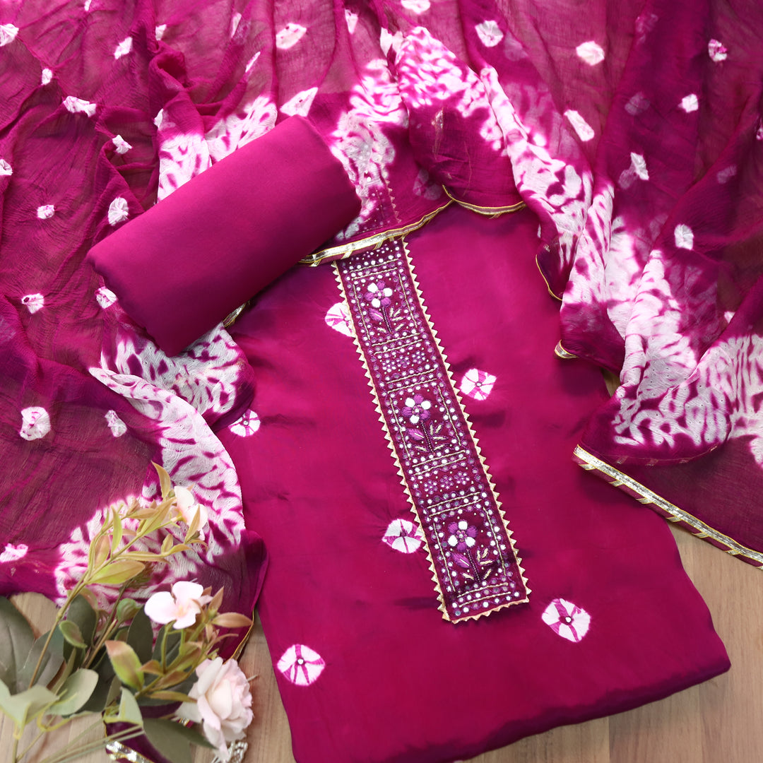 Vasudara Purple Embellished Work Bandhej and Shibori Hem Crepe Set