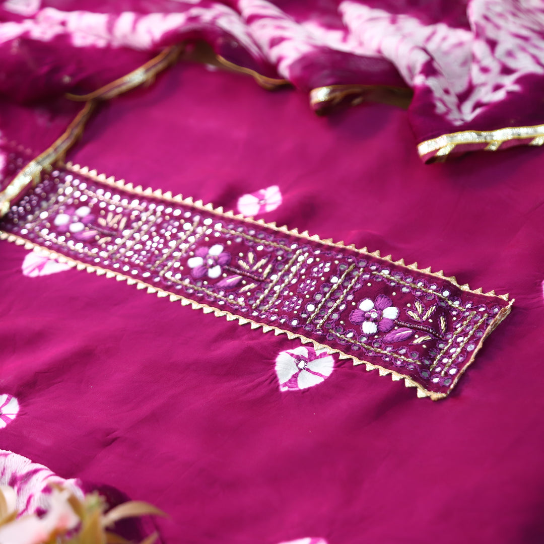 Vasudara Purple Embellished Work Bandhej and Shibori Hem Crepe Set
