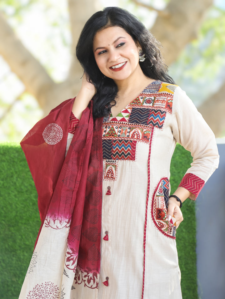 Parvati Tan Beige Embroidered V Yoke Panel Gathered Mul Chanderi 3 Piece with Pocket