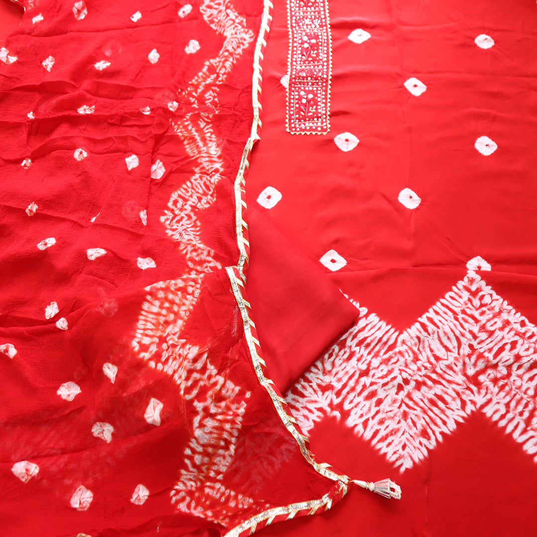 Vasudara Red Embellished Work Bandhej and Shibori Hem Crepe Set