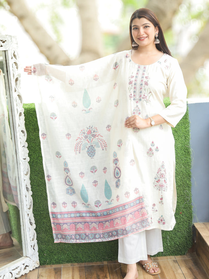 Savri Sand White Pink Embroidered Cotton 3 Piece Set D1
