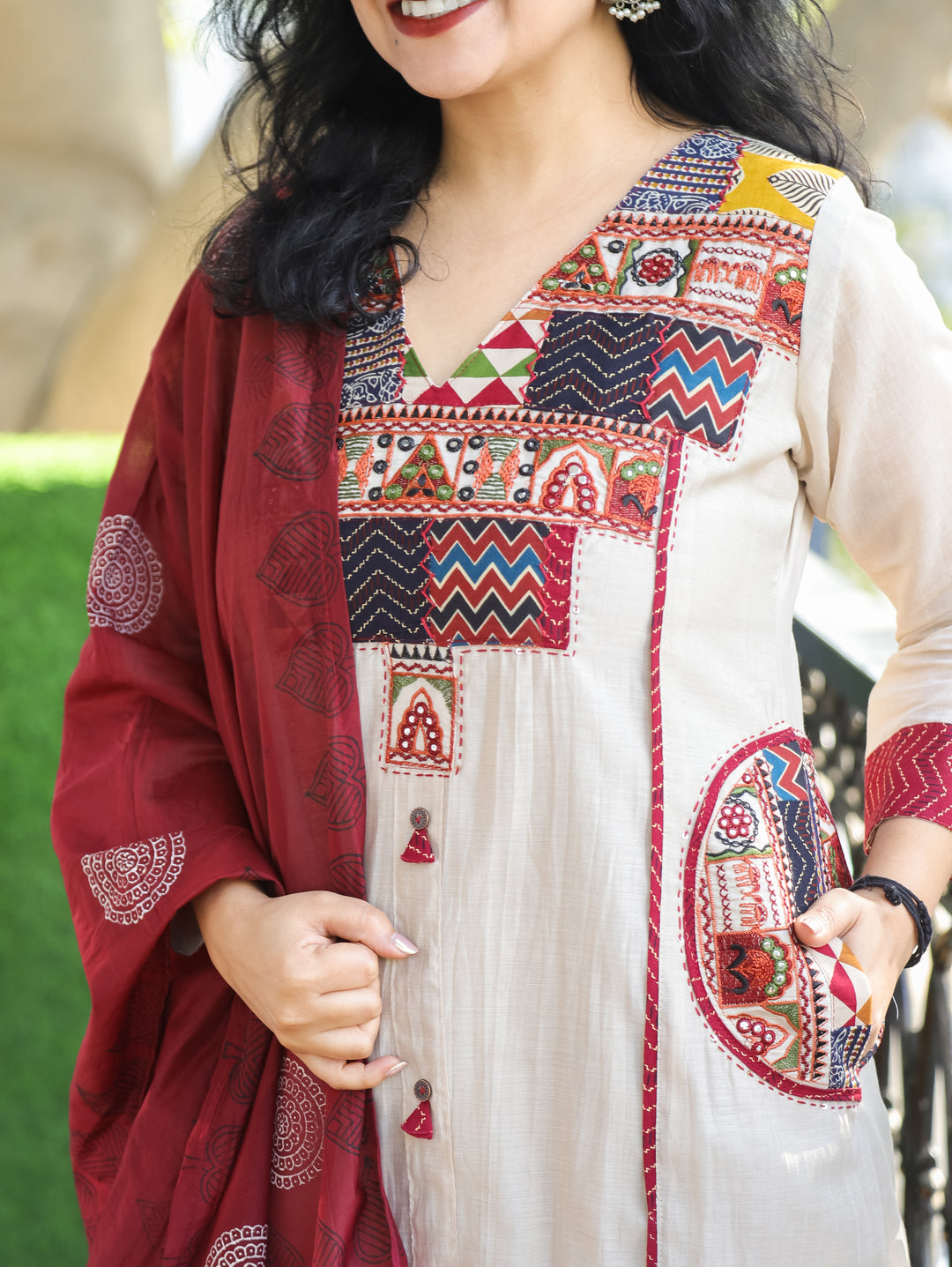 Parvati Tan Beige Embroidered V Yoke Panel Gathered Mul Chanderi 3 Piece with Pocket