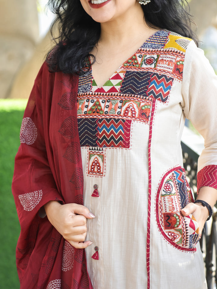 Parvati Tan Beige Embroidered V Yoke Panel Gathered Mul Chanderi 3 Piece with Pocket