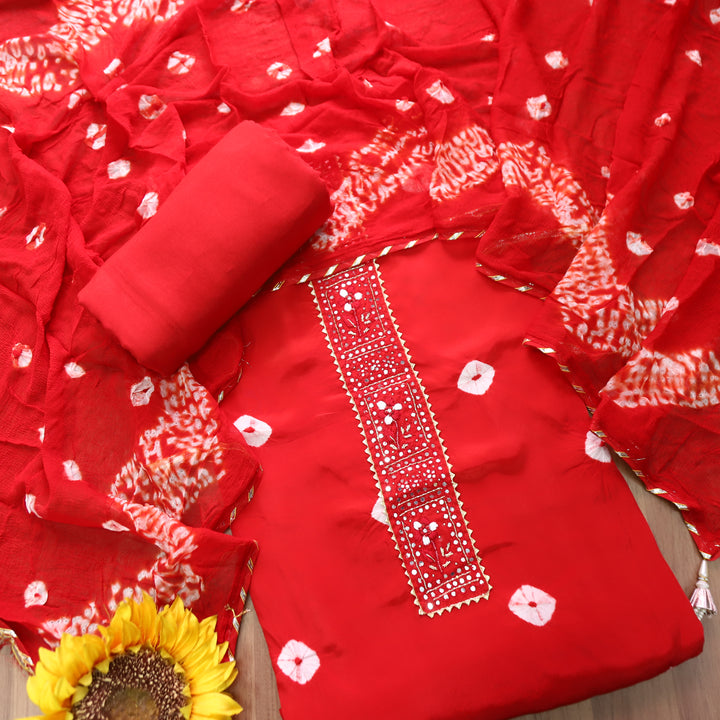 Vasudara Red Embellished Work Bandhej and Shibori Hem Crepe Set