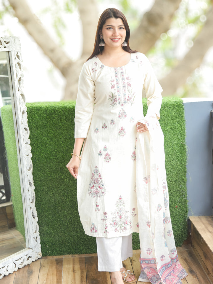 Savri Sand White Pink Embroidered Cotton 3 Piece Set D1