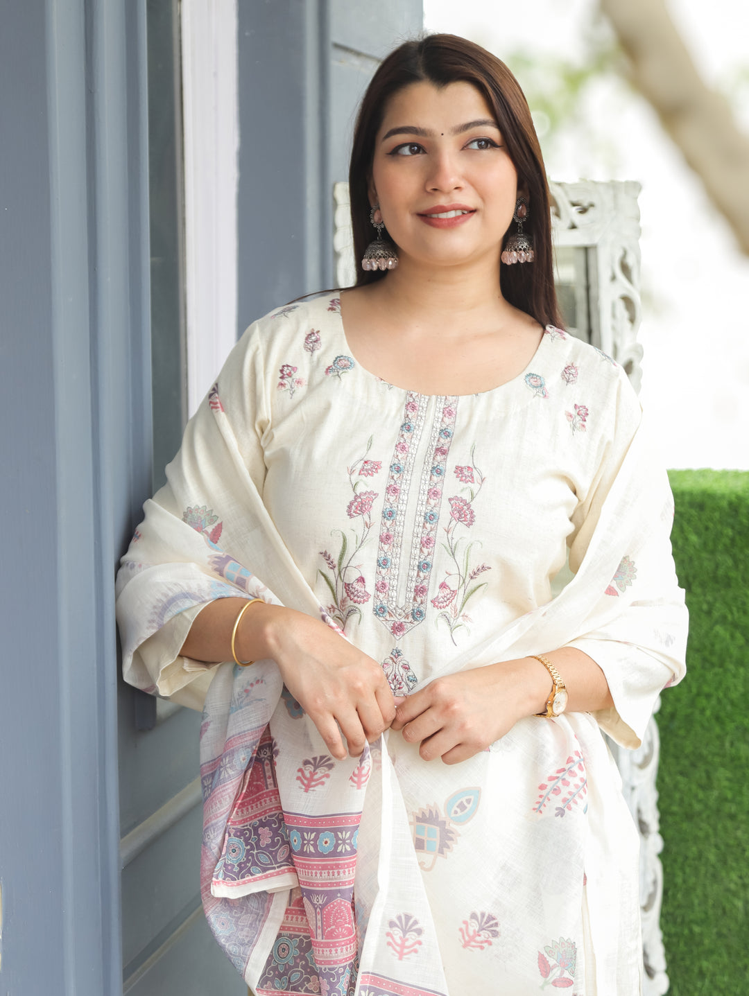 Savri Sand White Pink Embroidered Cotton 3 Piece Set D1