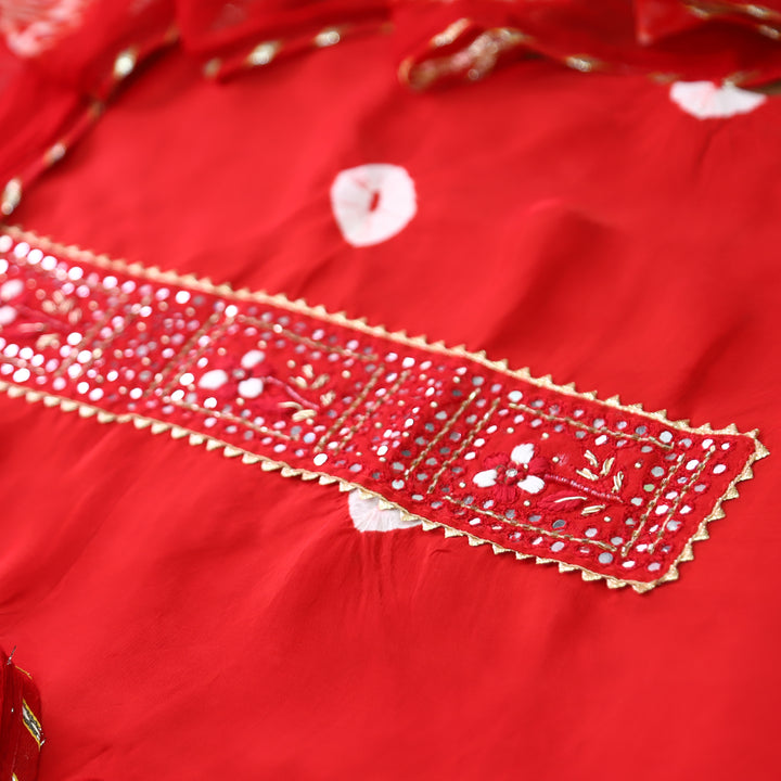 Vasudara Red Embellished Work Bandhej and Shibori Hem Crepe Set