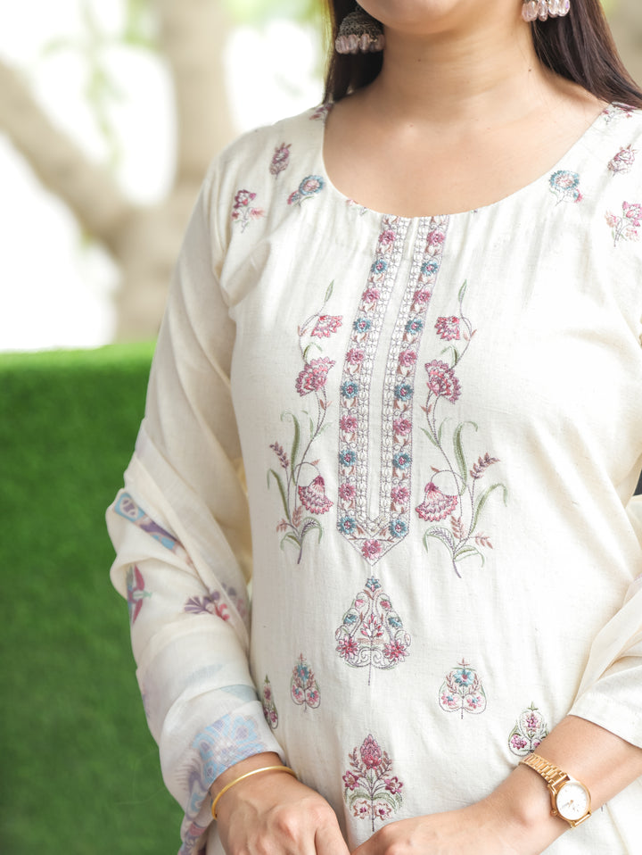 Savri Sand White Pink Embroidered Cotton 3 Piece Set D1