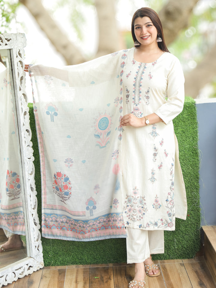 Savri Sand White Blue Embroidered Cotton 3 Piece Set D2