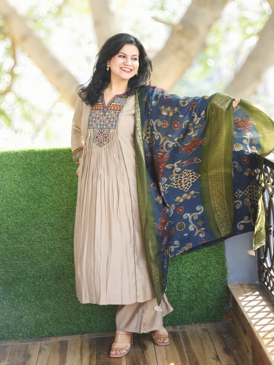 Parvati Hazel Beige Embroidered V Neck Yoke Panel Gathered Modal 3 Piece with Pocket