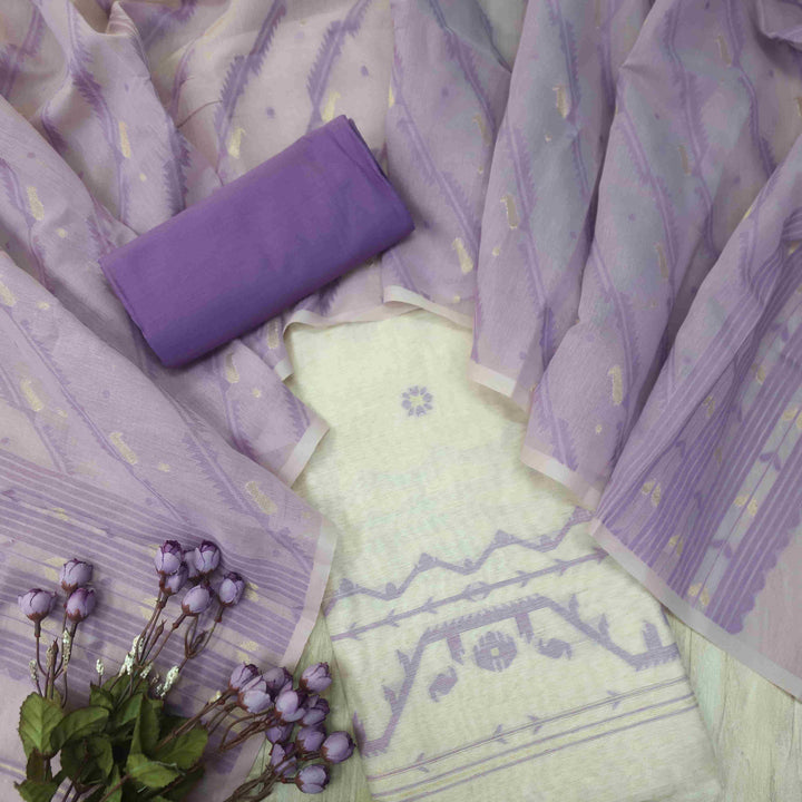 Jannat Beige With Lavender Authentic Jamdani Weaved Suit Set