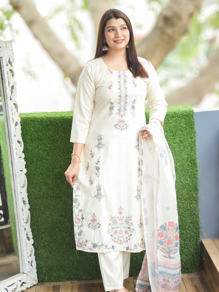 Savri Sand White Blue Embroidered Cotton 3 Piece Set D2