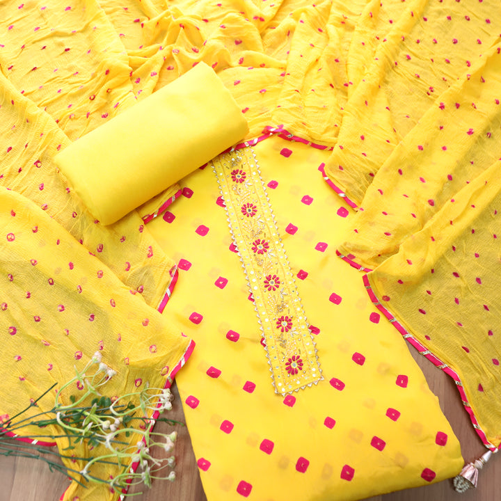 Mehran Bumblebee Yellow Embellish Neck Bandhej Work Crepe Set