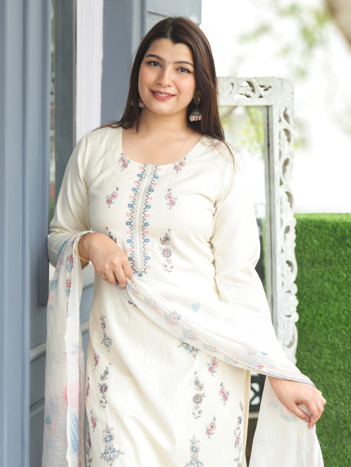 Savri Sand White Blue Embroidered Cotton 3 Piece Set D2