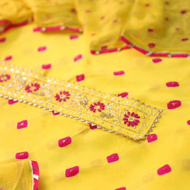Mehran Bumblebee Yellow Embellish Neck Bandhej Work Crepe Set