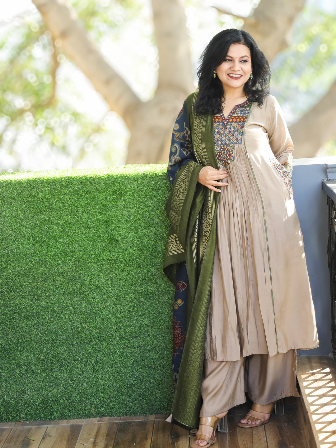Parvati Hazel Beige Embroidered V Neck Yoke Panel Gathered Modal 3 Piece with Pocket