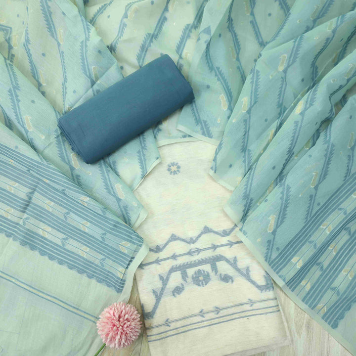 Jannat Beige With Cerulean Blue Authentic Jamdani Weaved Suit Set