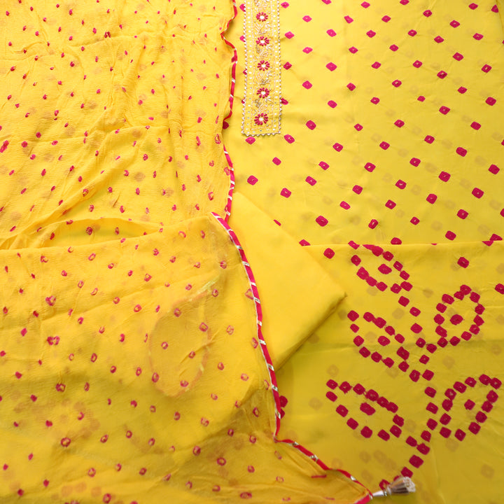 Mehran Bumblebee Yellow Embellish Neck Bandhej Work Crepe Set