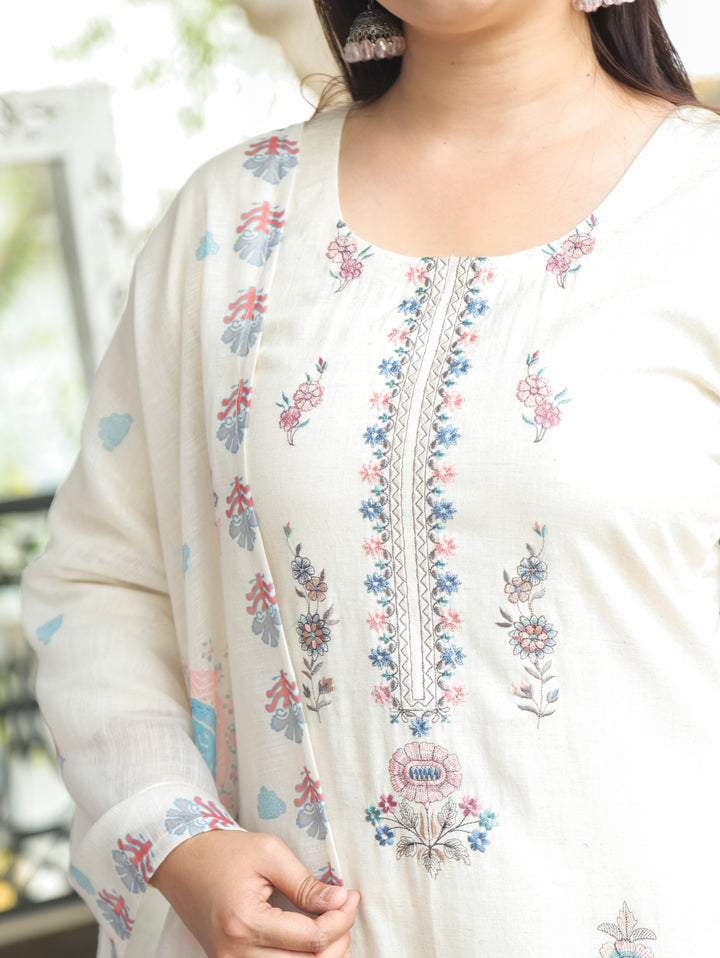 Savri Sand White Blue Embroidered Cotton 3 Piece Set D2