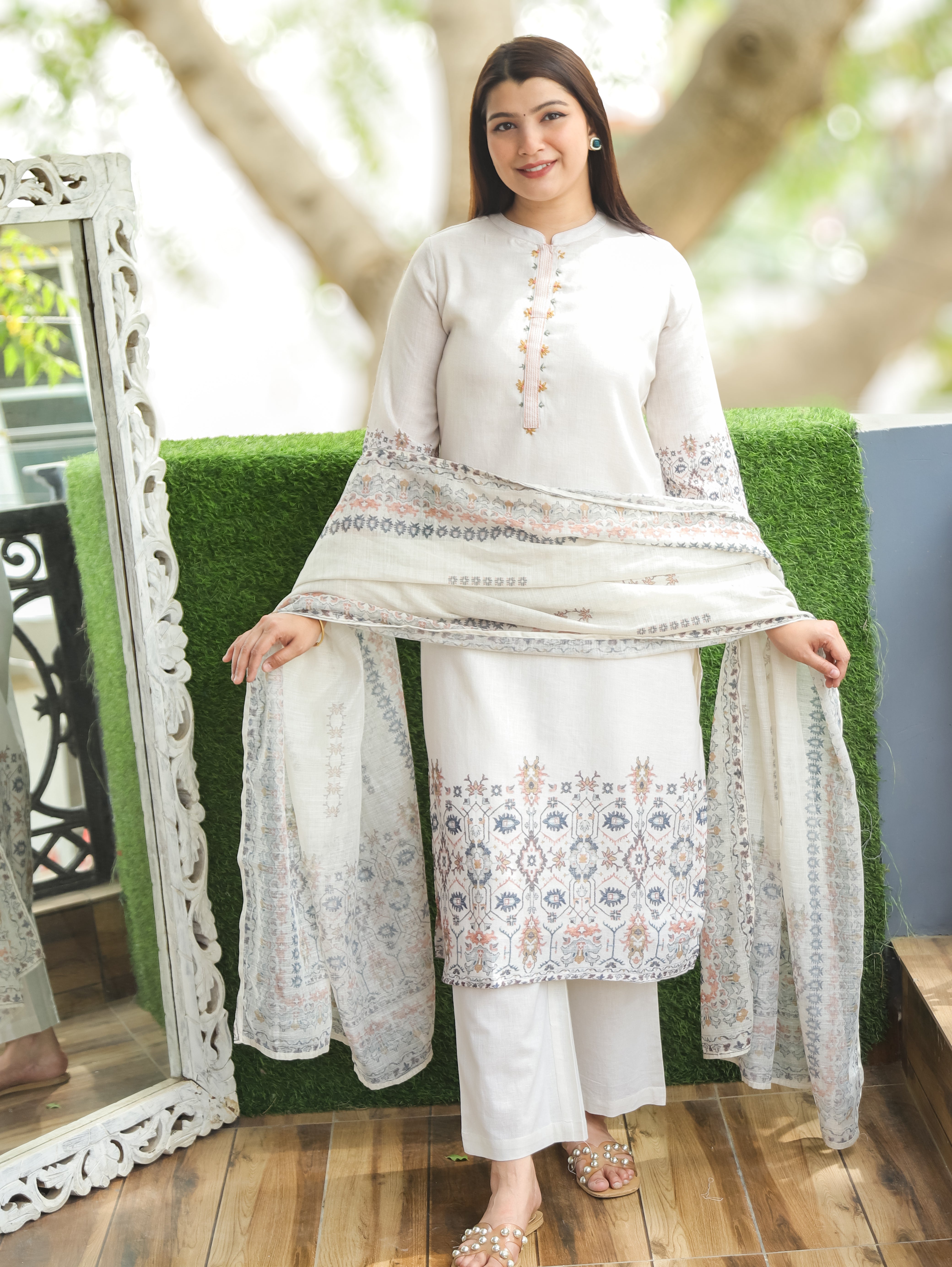 Savri Sand Beige Ban Collar Viscose Linen 3 Piece Set – Desisandook ...