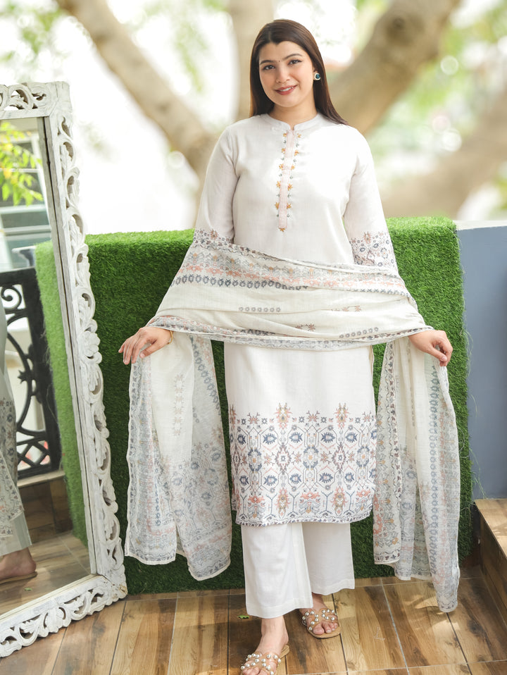 Savri Sand Beige Ban Collar Viscose Linen 3 Piece Set