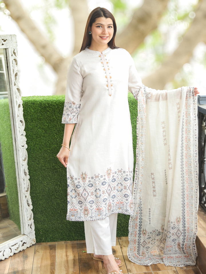 Savri Sand Beige Ban Collar Viscose Linen 3 Piece Set