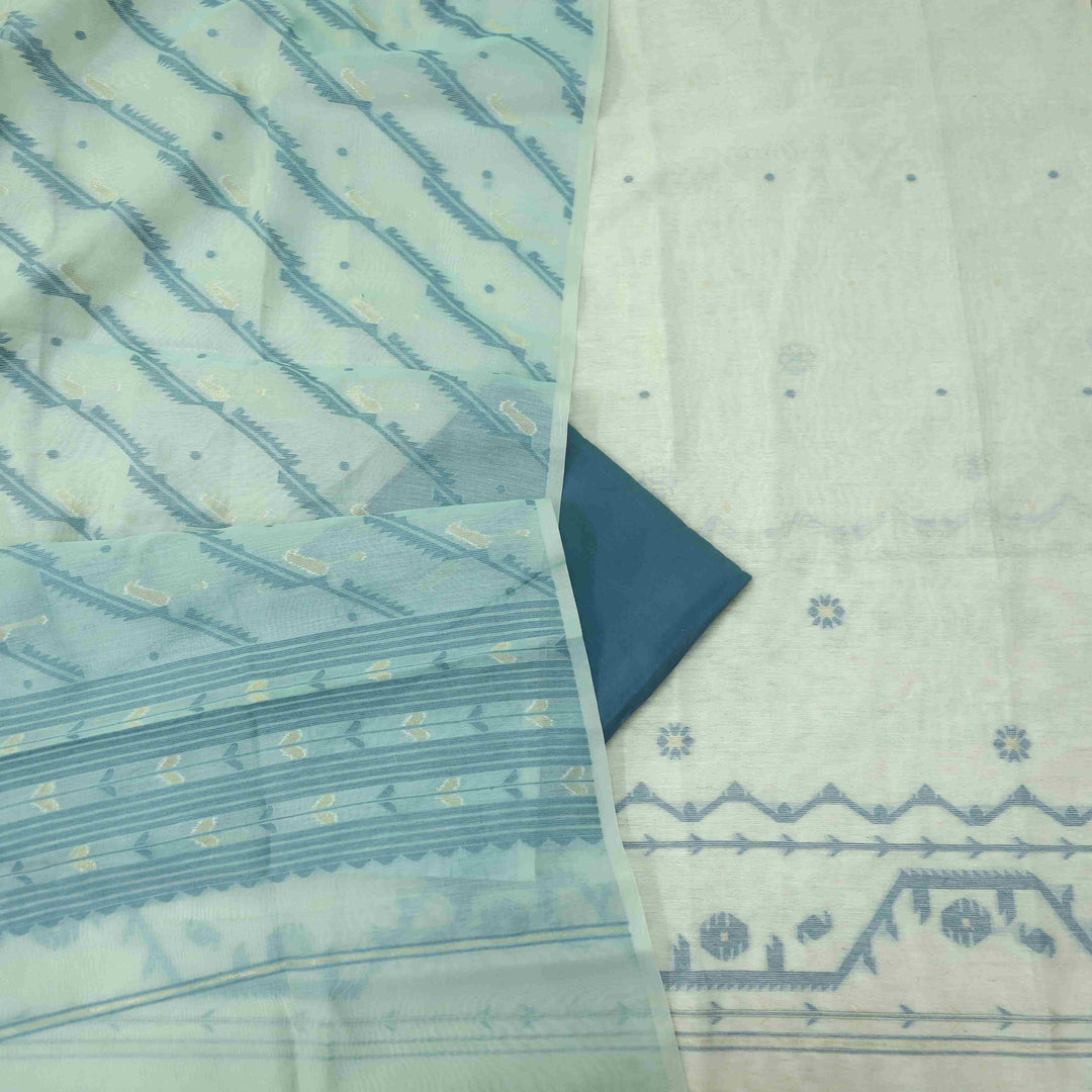 Jannat Beige With Cerulean Blue Authentic Jamdani Weaved Suit Set
