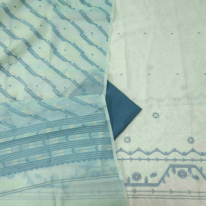 Jannat Beige With Cerulean Blue Authentic Jamdani Weaved Suit Set