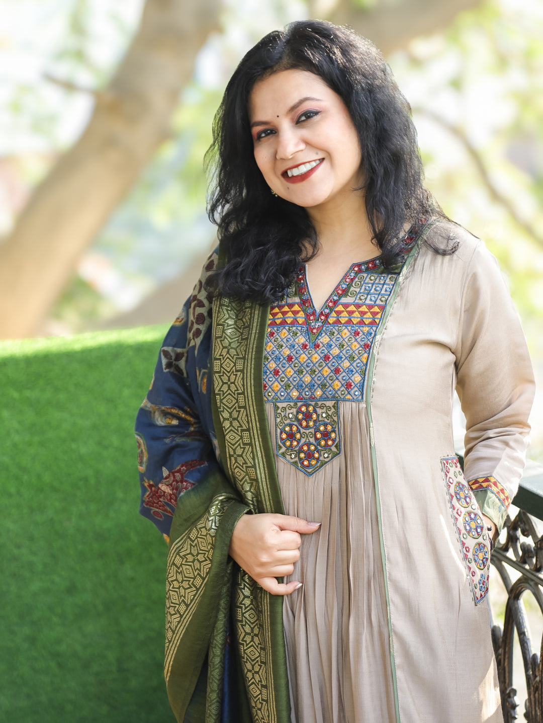 Parvati Hazel Beige Embroidered V Neck Yoke Panel Gathered Modal 3 Piece with Pocket