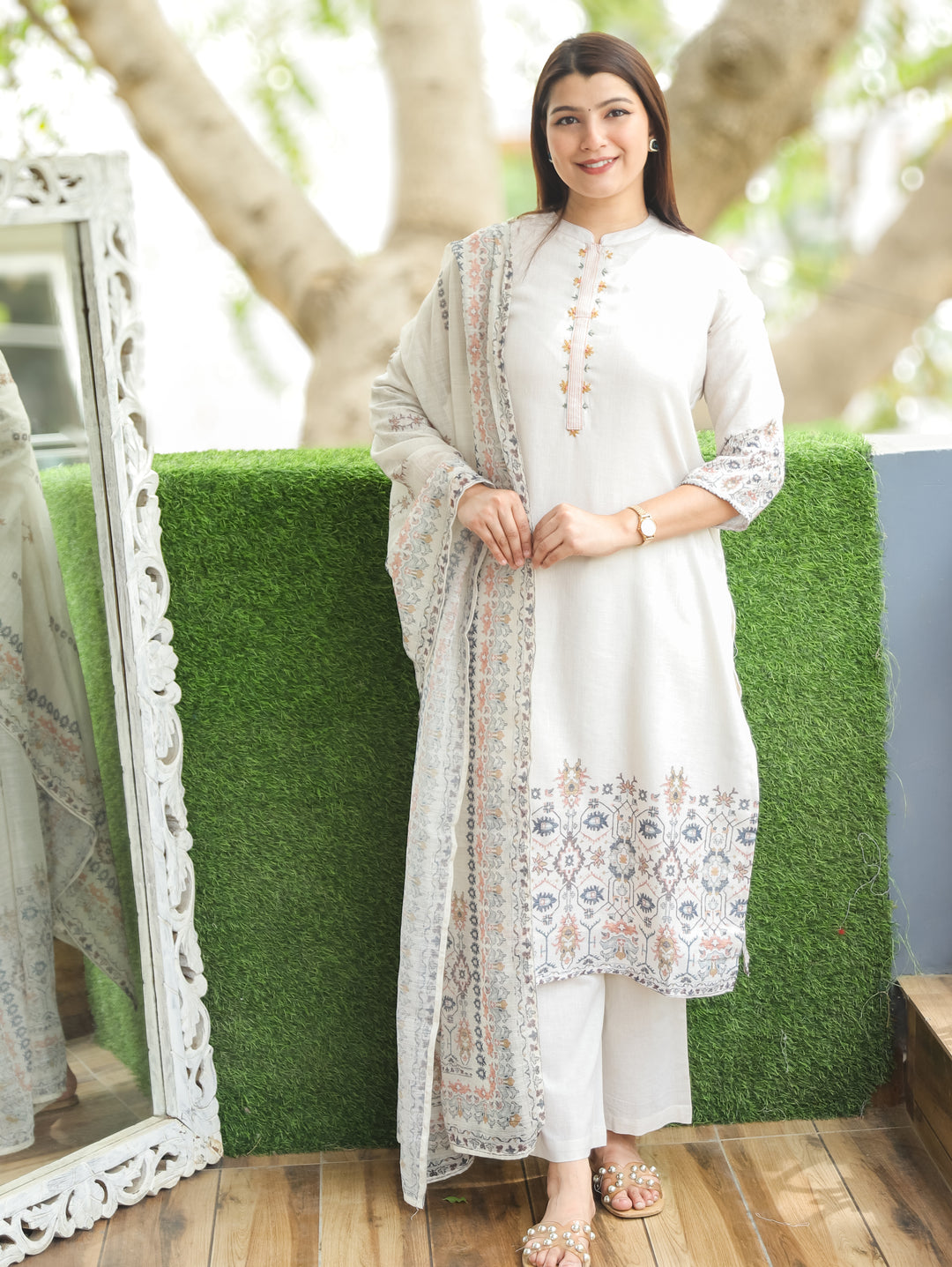 Savri Sand Beige Ban Collar Viscose Linen 3 Piece Set