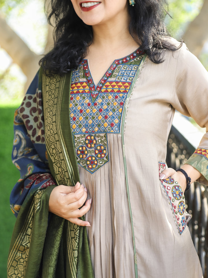 Parvati Hazel Beige Embroidered V Neck Yoke Panel Gathered Modal 3 Piece with Pocket
