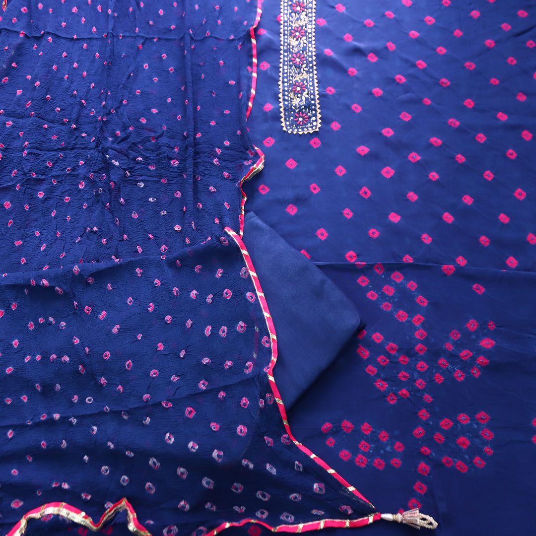 Mehran Royal Blue Embellish Neck Bandhej Work Crepe Set