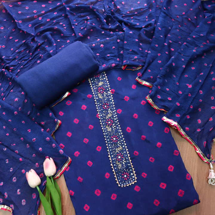 Mehran Royal Blue Embellish Neck Bandhej Work Crepe Set