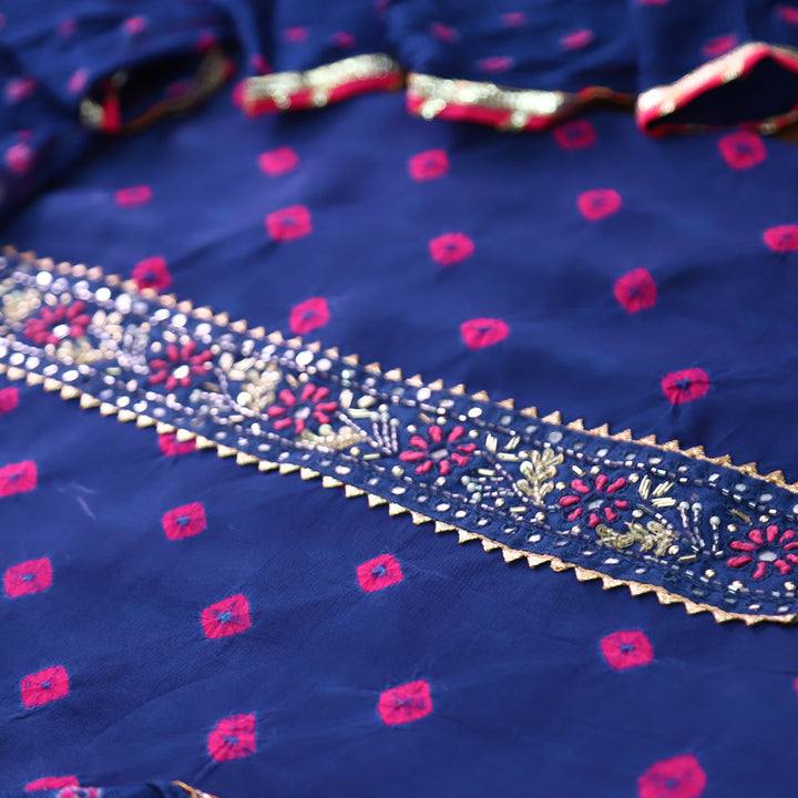 Mehran Royal Blue Embellish Neck Bandhej Work Crepe Set