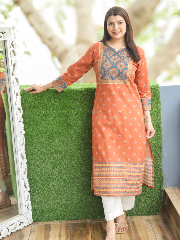 Ellen Burnt Rust Printed Yoke Cotton Kurti