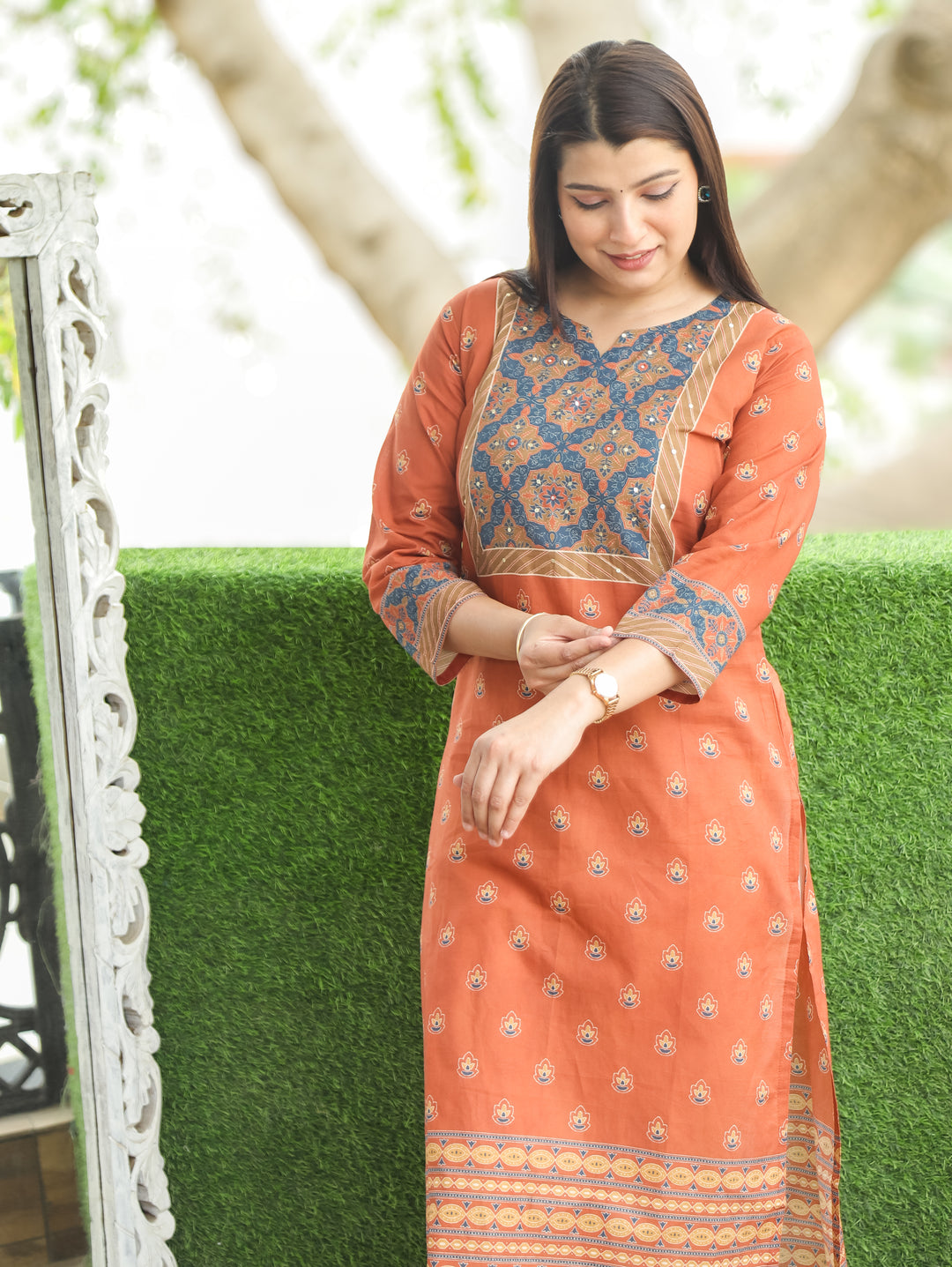 Ellen Burnt Rust Printed Yoke Cotton Kurti