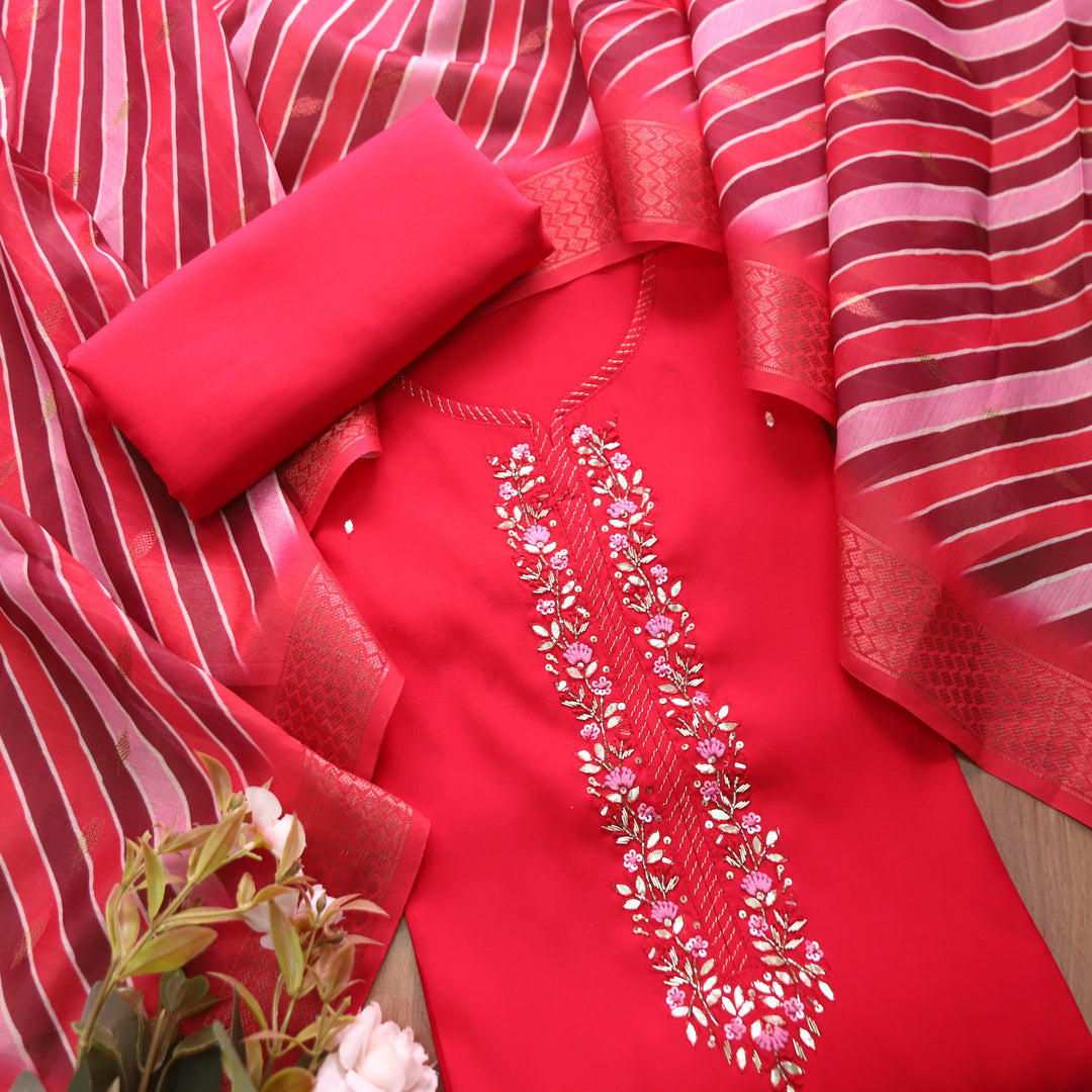 Maya Ruby Pink Kardana Embellish Neck Work in Modal Set