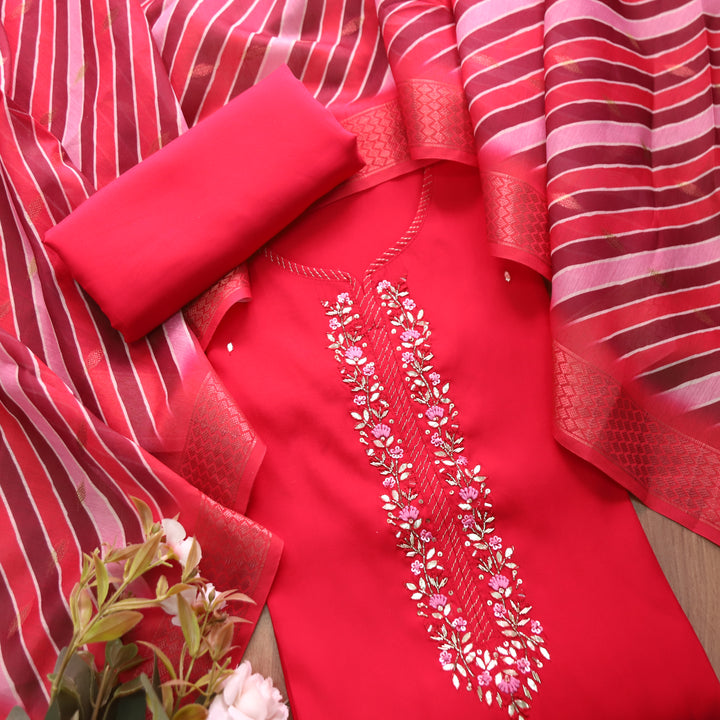 Maya Ruby Pink Kardana Embellish Neck Work in Modal Set