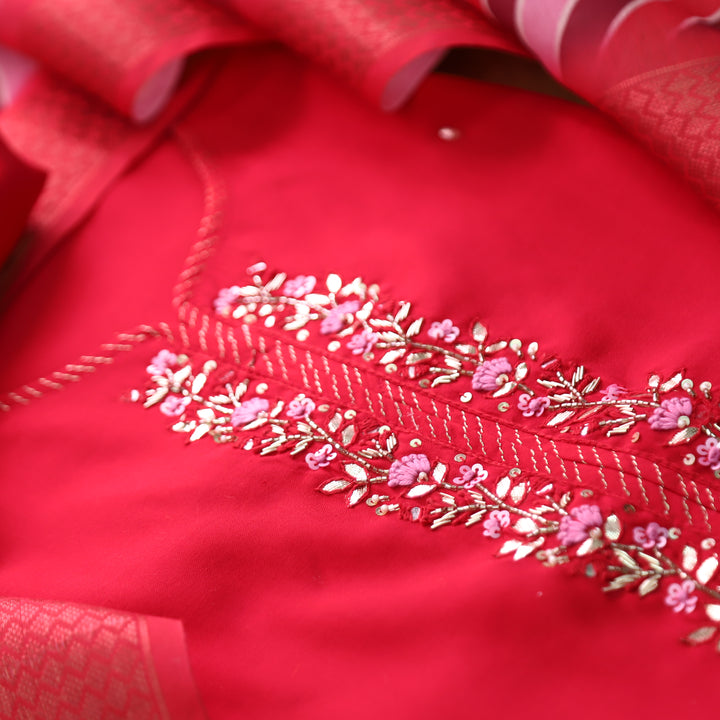 Maya Ruby Pink Kardana Embellish Neck Work in Modal Set