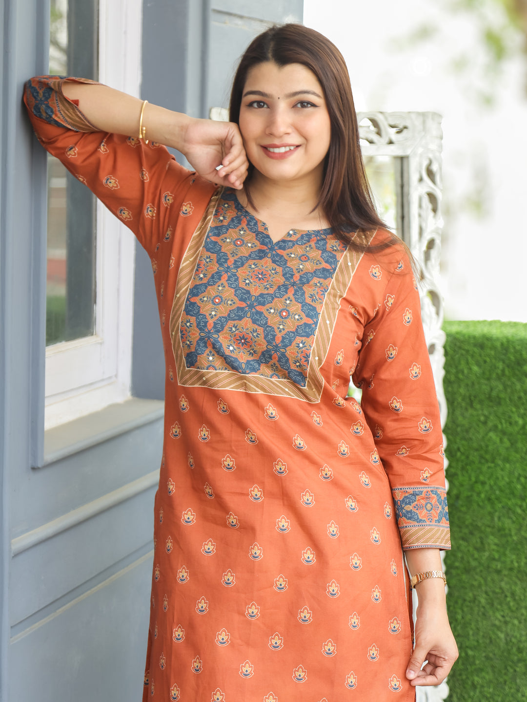 Ellen Burnt Rust Printed Yoke Cotton Kurti
