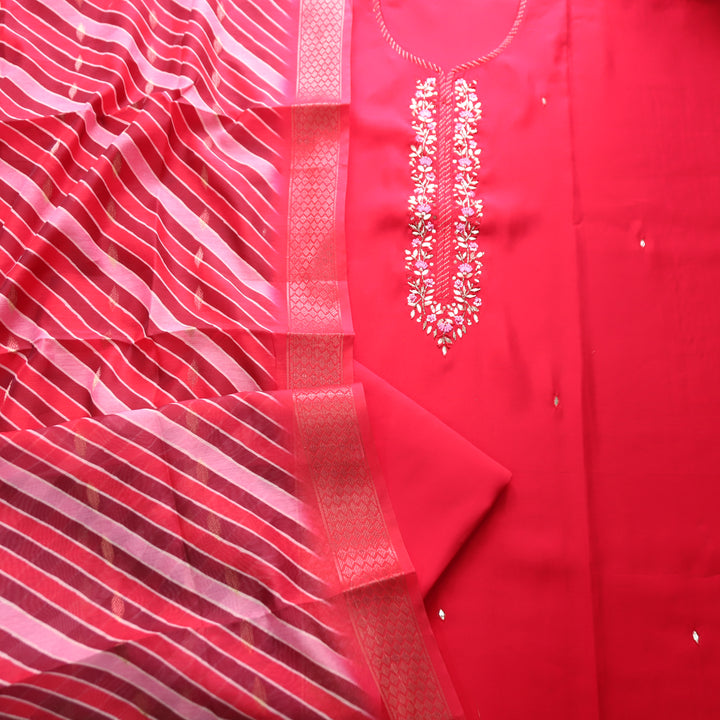 Maya Ruby Pink Kardana Embellish Neck Work in Modal Set