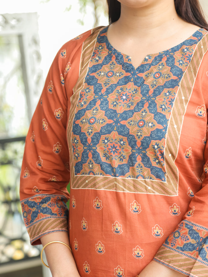 Ellen Burnt Rust Printed Yoke Cotton Kurti