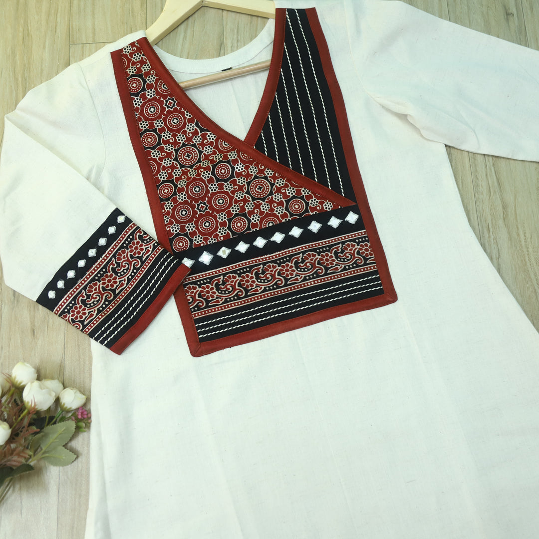 Ruhani Shell White Kutch Neck Work Ajrak Print Cotton Kurti-D1